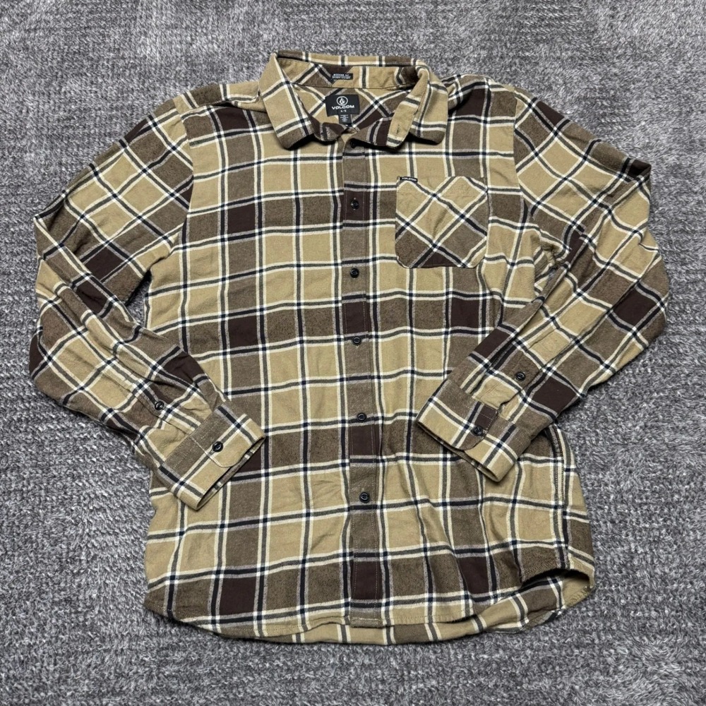 Volcom Mens Flannel Shirt XL Brown Plaid Long Sleeve Button Up Modern Fit
